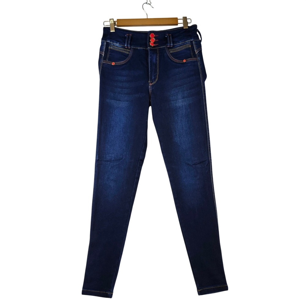 Bon Bon Up Womens High Rise Skinny Jeans‎ Dark Wash Red Button Accents Indigo